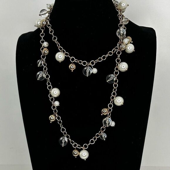 Chico's Long Necklace Women's 38" Gold-tone Faux Pearl Charm Single Strand Chain - Picture 4 of 9